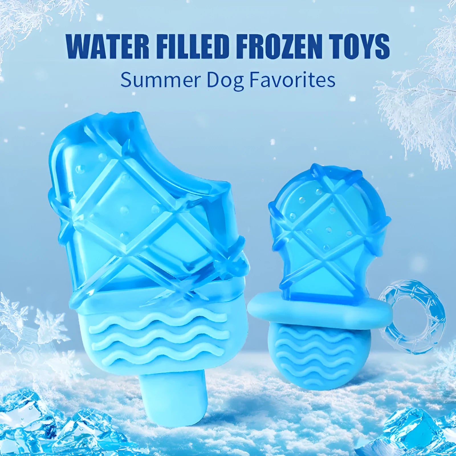 Set of three BPA-free silicone dog toys: a blue pacifier, a red popsicle, and a green ring, designed to be filled with water and frozen.
