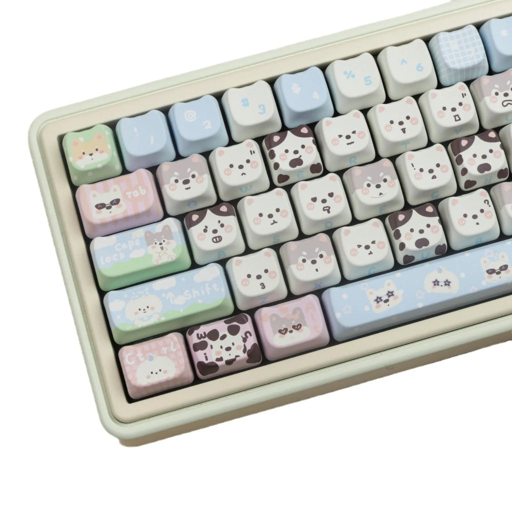 PBT key cap set with cat and puppy sublimation design for mechanical keyboards