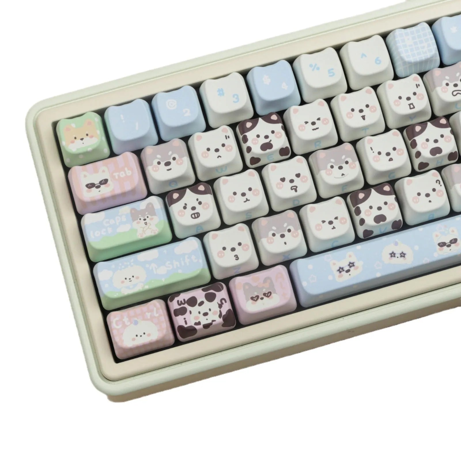 PBT key cap set with cat and puppy sublimation design for mechanical keyboards