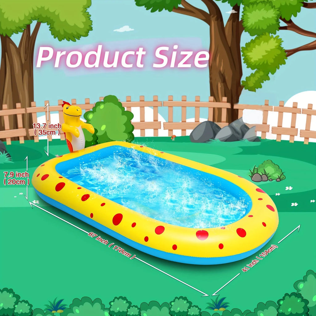 Blue dinosaur water spray play mat with inflatable shark pool for children's outdoor water games