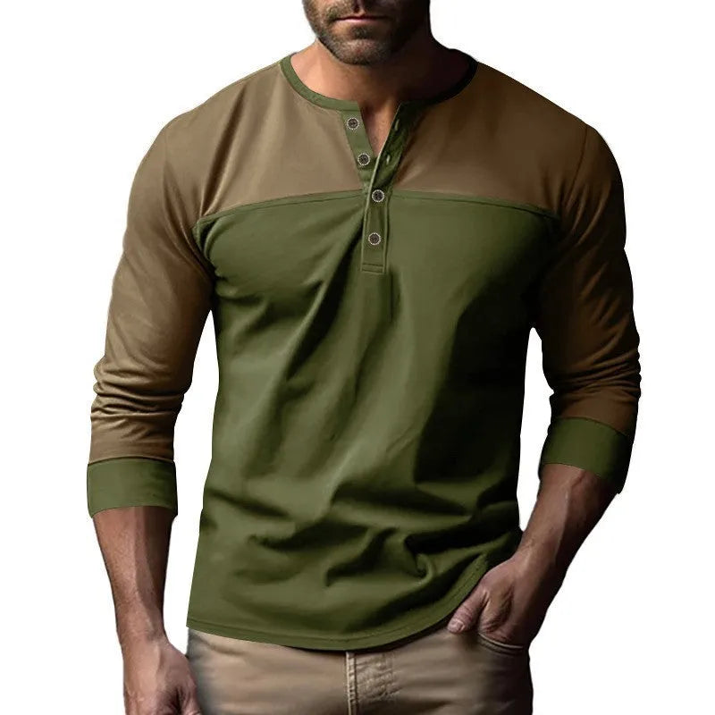 Men's retro style long sleeve henry collar shirt in polyester beaded twill fabric earth tone colours