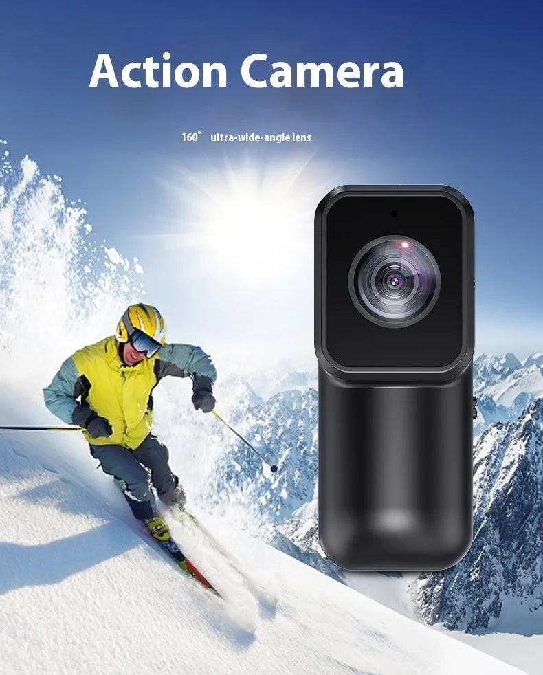 Black WiFi sports camera recorder, 61.5 x 27 x 27 mm, with wristband riding bracket, back clip, and pet strap.