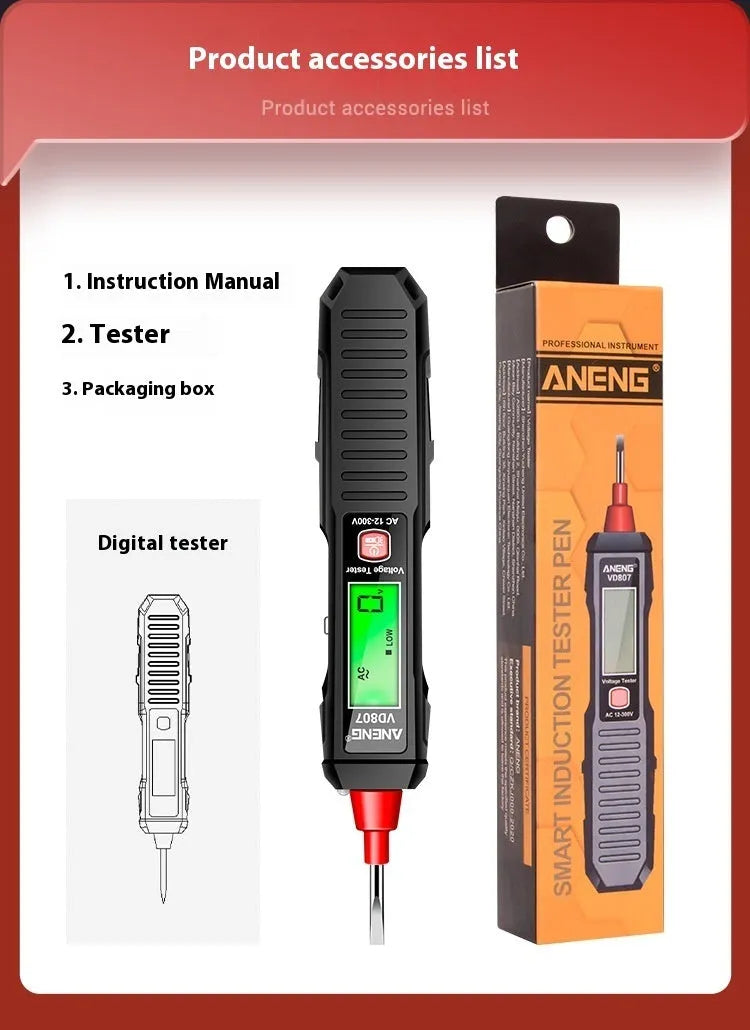 Black and red digital voltage testing pen with LCD display for electrical measurement
