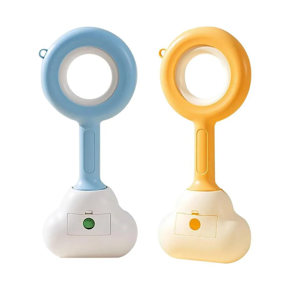 Blue and yellow dog pooper scooper with cloud-shaped jaw and ergonomic grip
