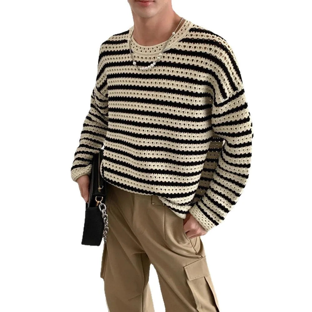 Men's black loose fit long sleeve sweater cotton blend on model front view