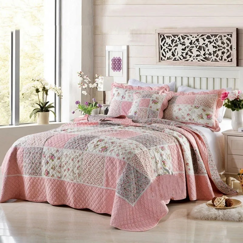 Pure cotton quilted bedspread three-piece set showing bed cover and pillowcases