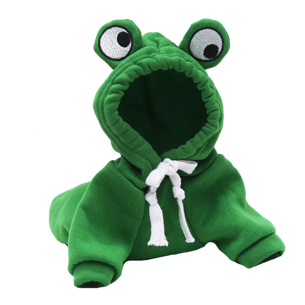 Green frog costume hoodie for small dog or cat with fleece material and front leg openings