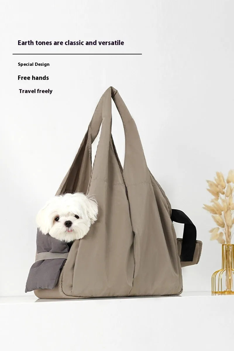 Apricot cloth pet handbag with dimensions 41 x 16 x 28 cm for summer outdoor use