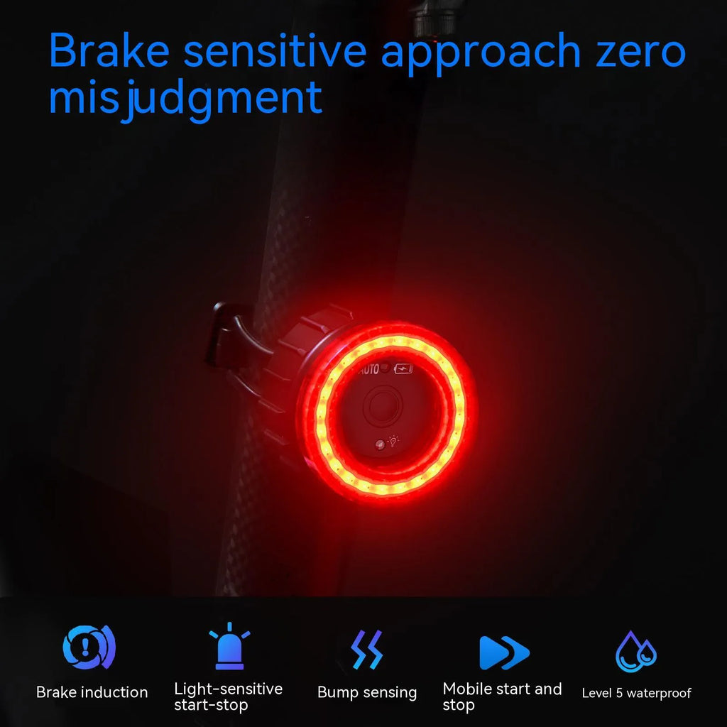 Black intelligent induction brake taillight for bicycles with seatpost mount.