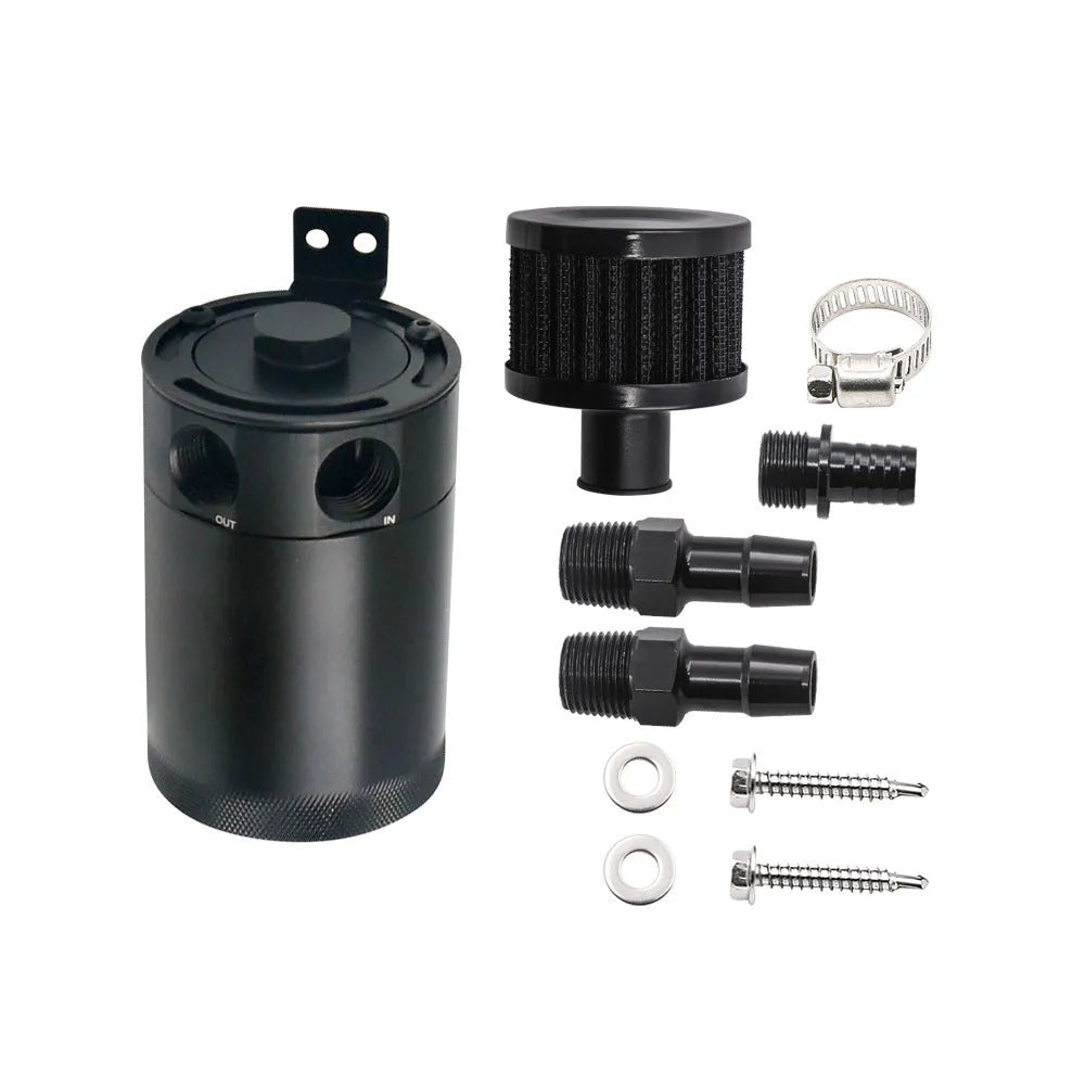 Black aluminium automotive oil pot with oil-free valve and two connector fittings