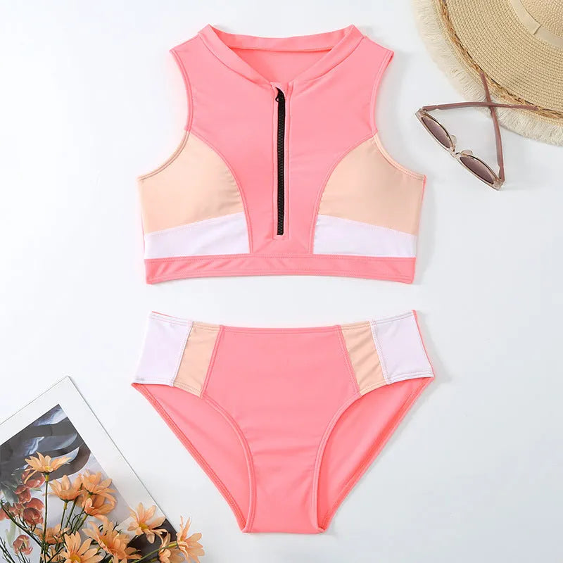 Pink high waist split bikini swimsuit set with matching bra on a neutral background