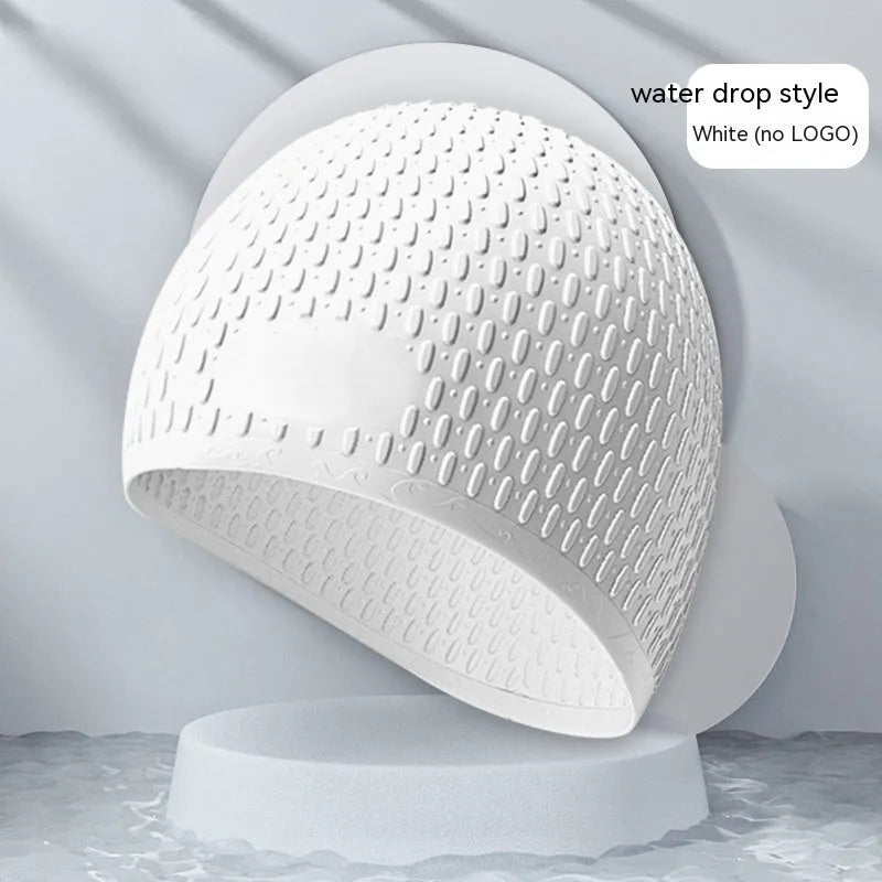 Adult solid colour silicone swimming cap with water drop design shown in multiple colour options.
