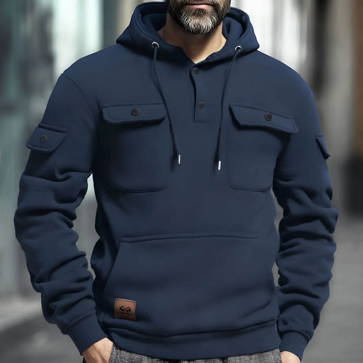 Button multi-pocket sweater in black, loose fit, wool lined, sizes S to XXXL for men