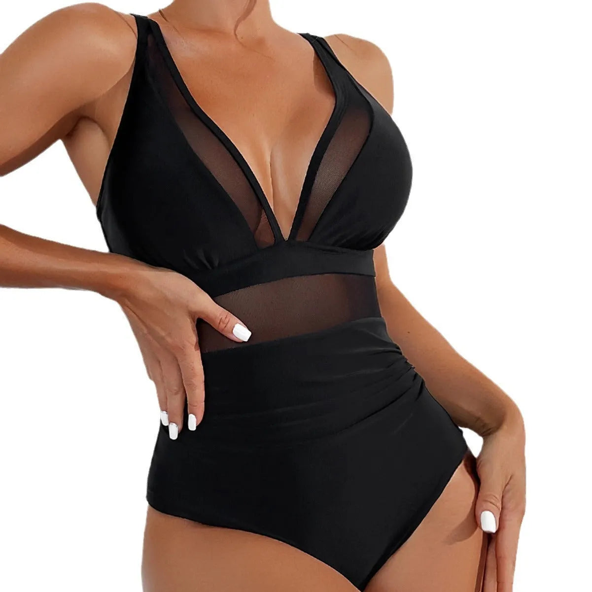 Black mesh halter neck one-piece swimsuit for women with briefs style