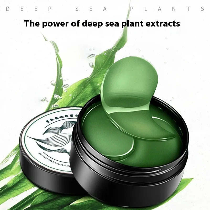 Pack of 60 green seaweed collagen eye mask sheets for moisturising the under-eye area.