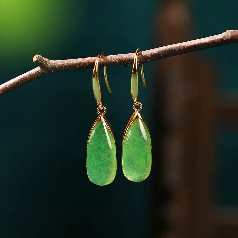 Copper geometric earrings with jade-coloured water drop design in Chinese retro style