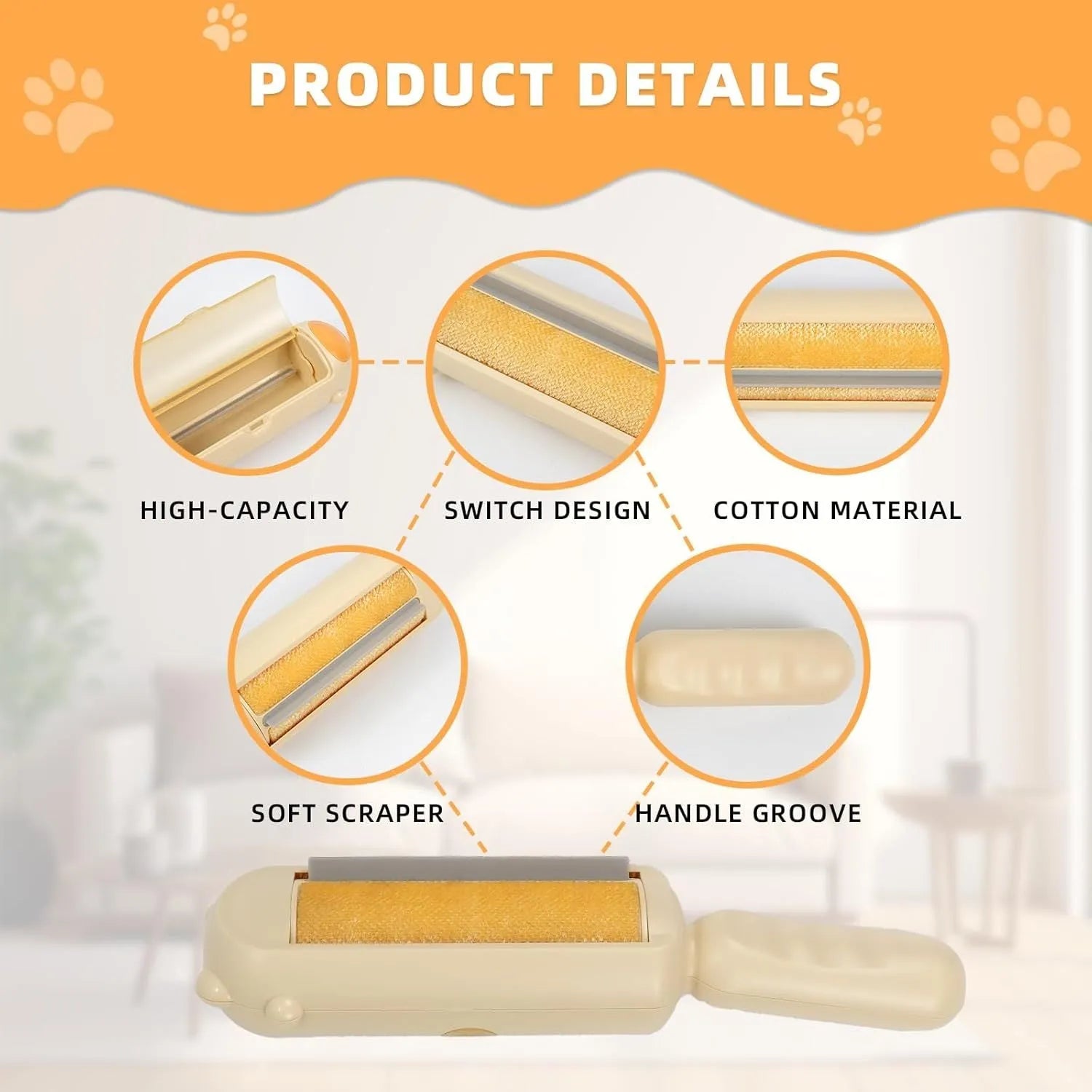 Blue pet hair remover roller with self-cleaning base for furniture and car seats.