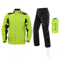 Motorcycle rain suit set including raincoat, rain pants, hidden shoe covers, and storage bag.