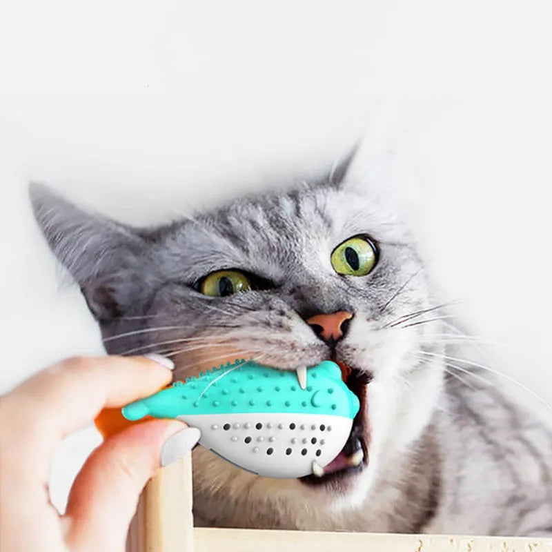 Silicone fish-shaped cat chew toy in blue, green, pink or yellow colours for interactive play