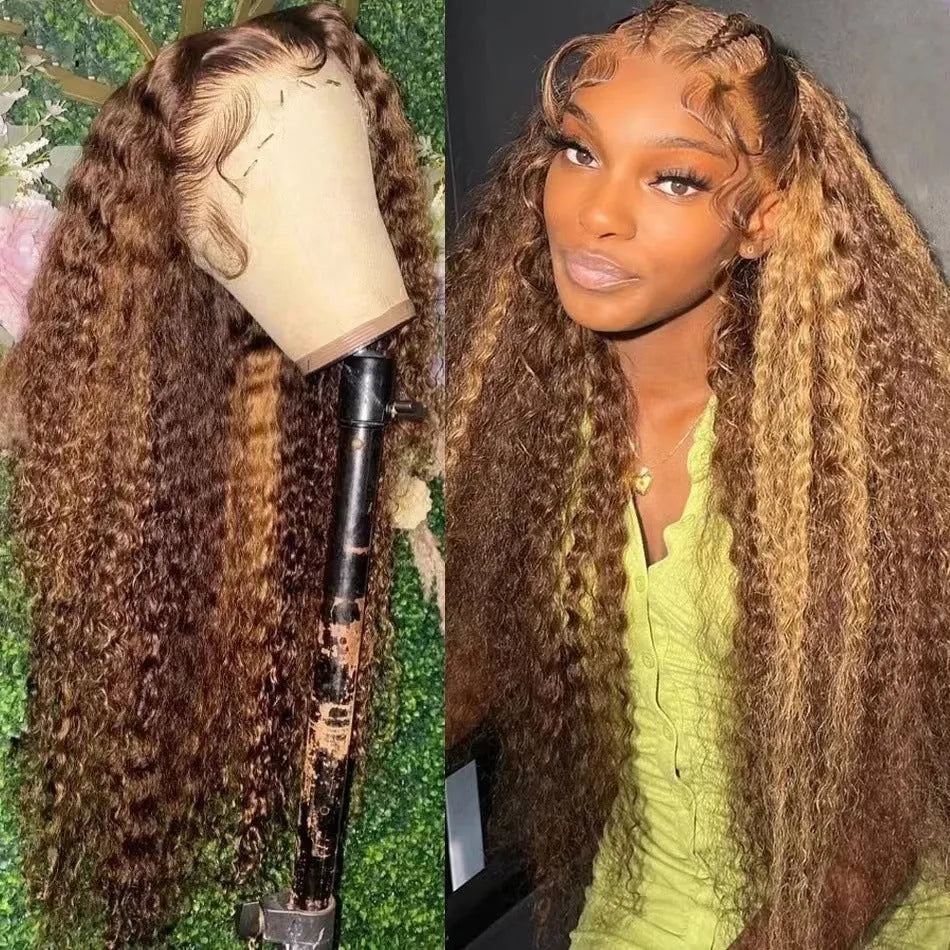 Front lace synthetic wig with long curly hair and side bangs in a piano colour.