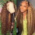 Front lace synthetic wig with long curly hair and side bangs in a piano colour.