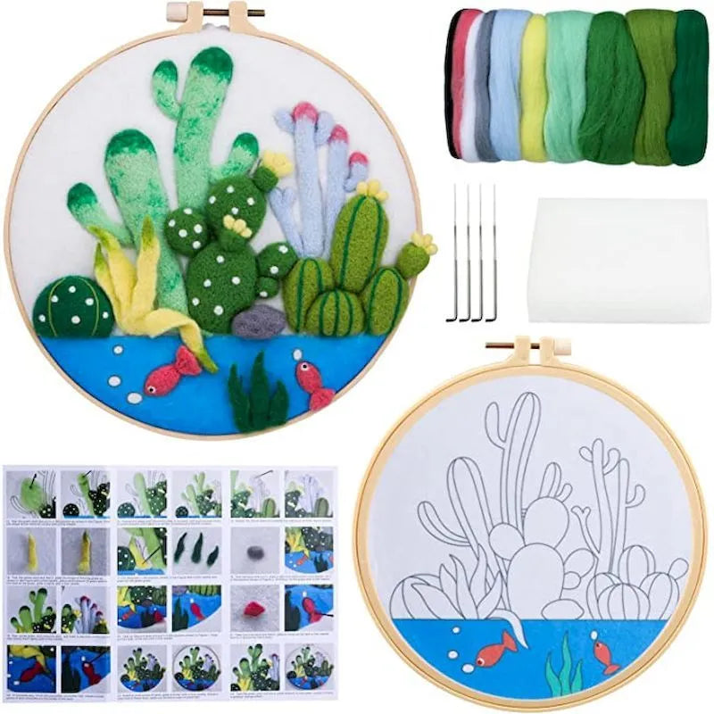 Round linen embroidery kit with wool felt pieces and embroidery frame for 3D blanket painting