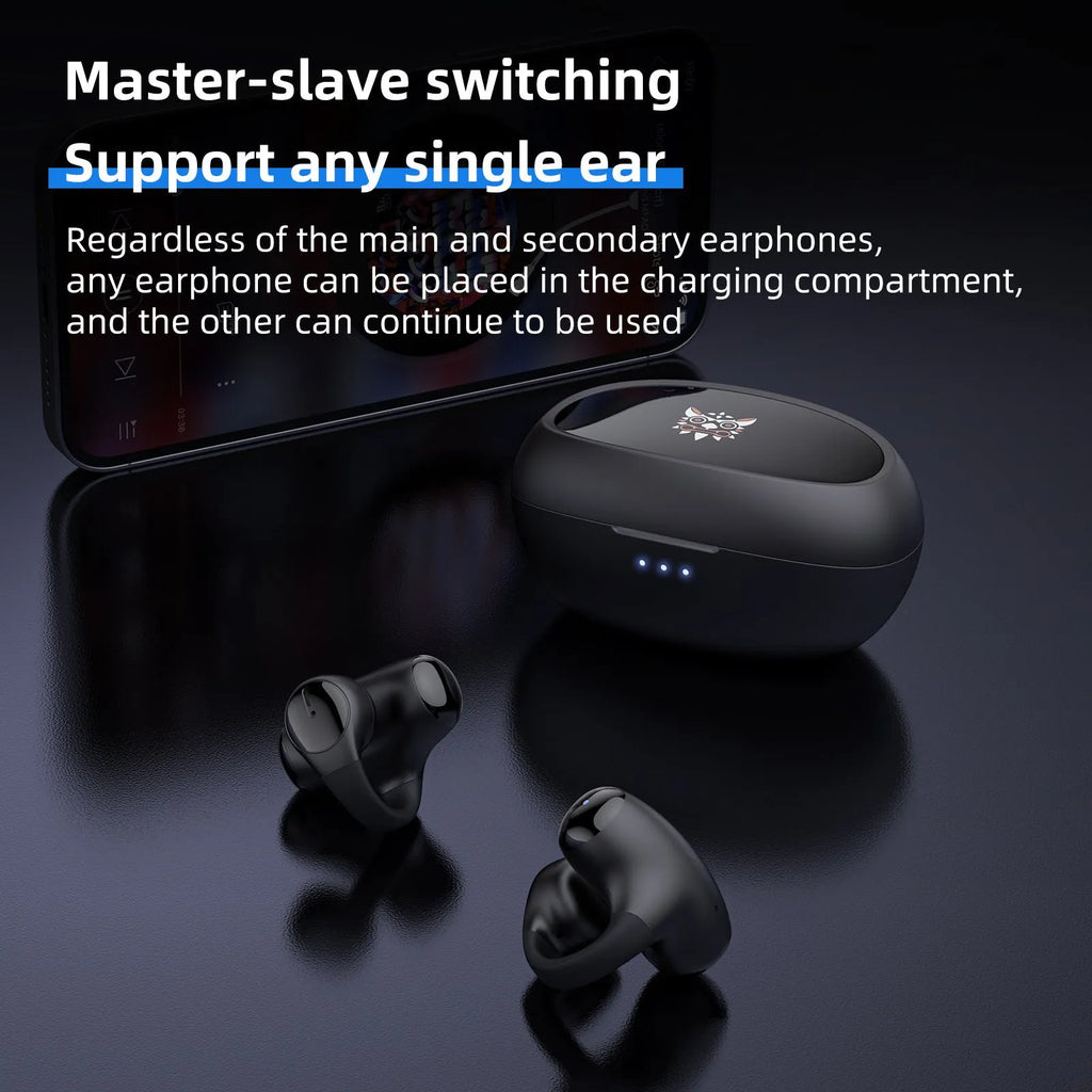Black and white wireless Bluetooth sports headset with ear hook design for gaming and fitness.