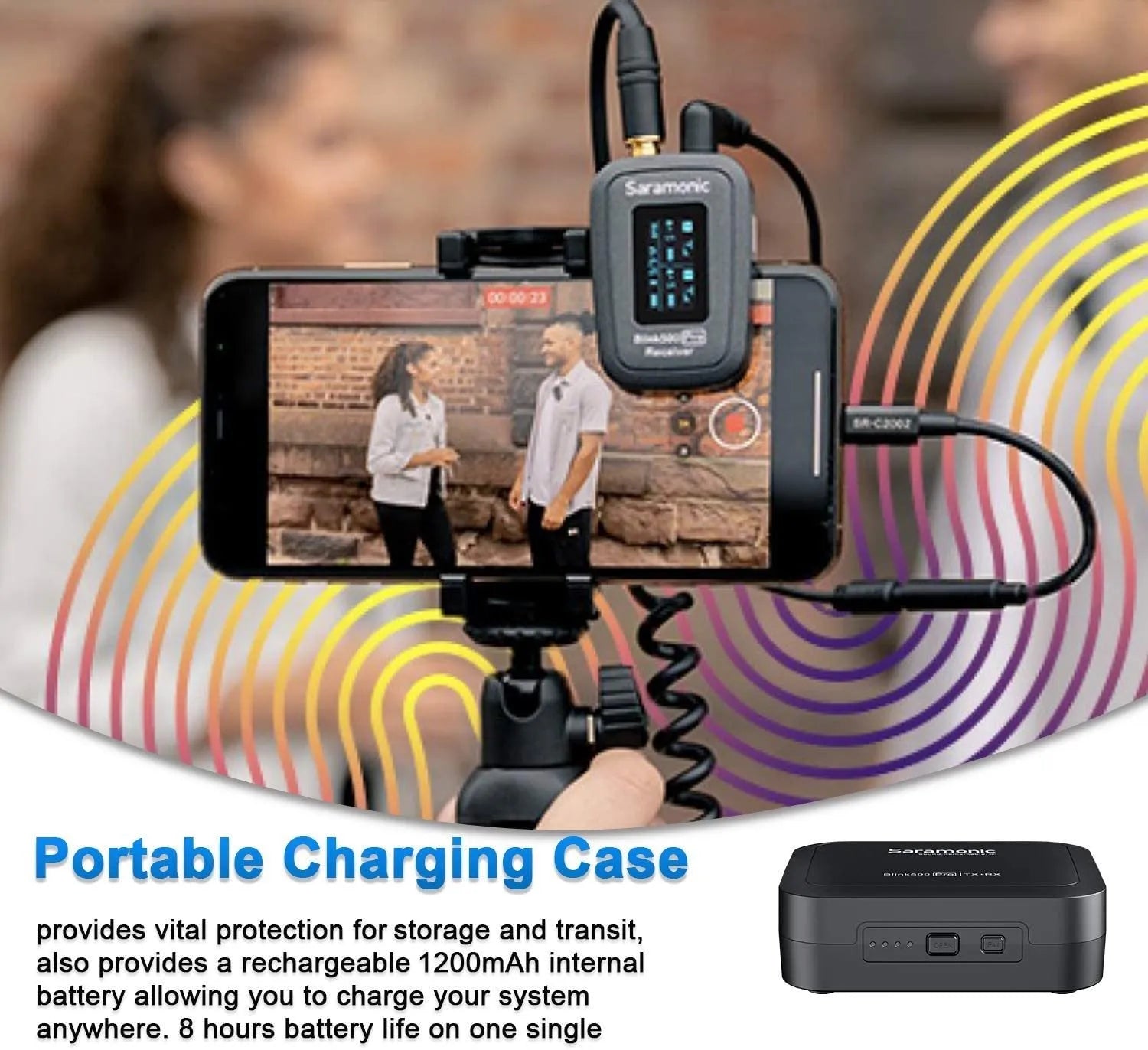 Wireless lapel microphone clip Little Bee with OLED display and 3.5mm input on black background