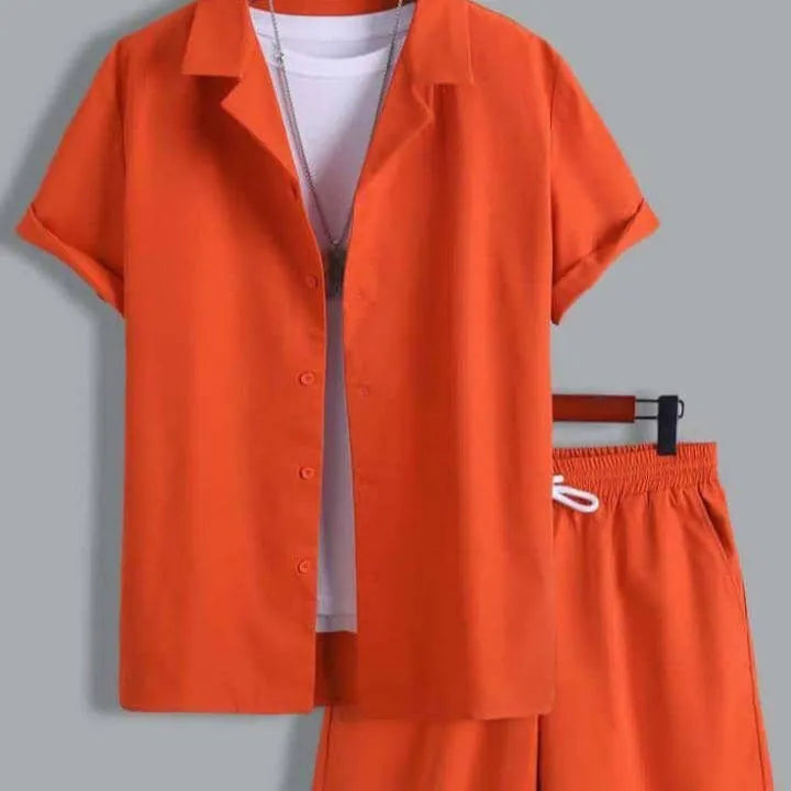 Men's short sleeve Cuban collar sport shirt and matching shorts in lightweight polyester fabric