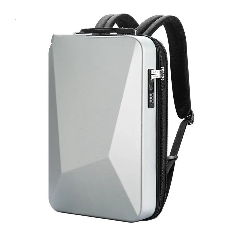 PC hard shell gaming backpack in Titanium Gold and Silver colour with anti-theft lock and multiple internal pockets