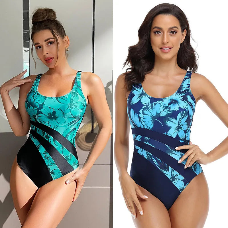 Women's green and blue printed conservative brief style one-piece swimsuit
