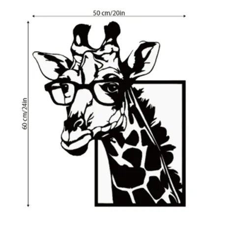 Black iron giraffe with glasses silhouette wall hanging, American country style decorative painting in 30x25cm, 45x37cm or 60x50cm.