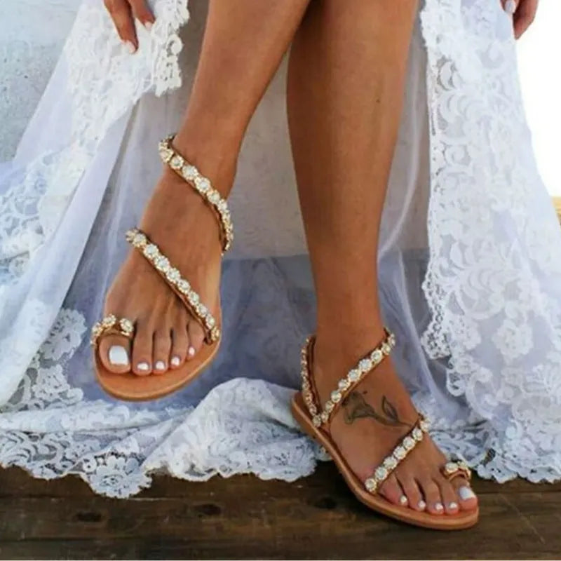 Women's flat mule sandals with rhinestone and lace beading, white or brown, sizes 35-43