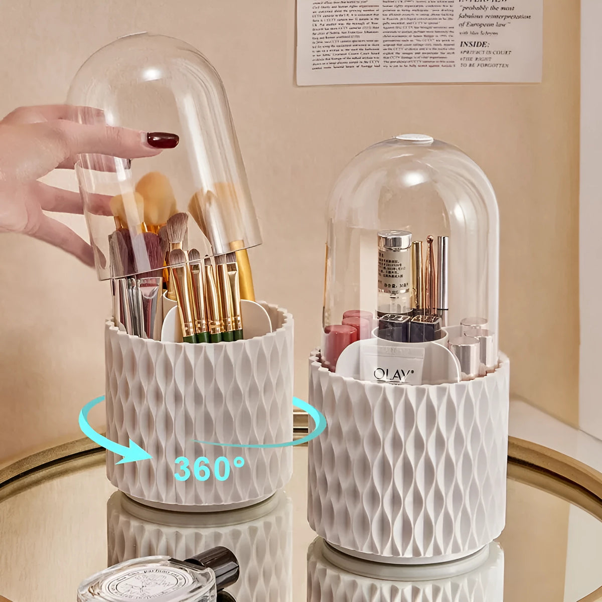 White acrylic rotating makeup brush storage holder with transparent lid and split compartments