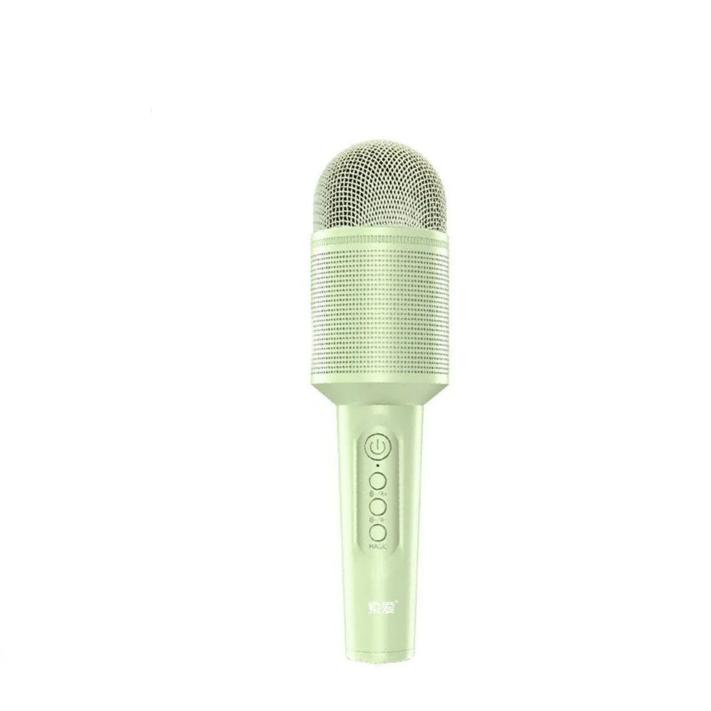 Audio integrated wireless Bluetooth USB karaoke microphone in pink, blue and green colour options