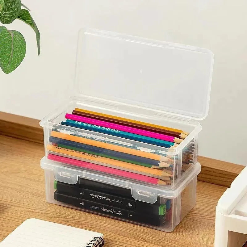 Transparent plastic stationery storage box for pencils, crayons, and drawing tools