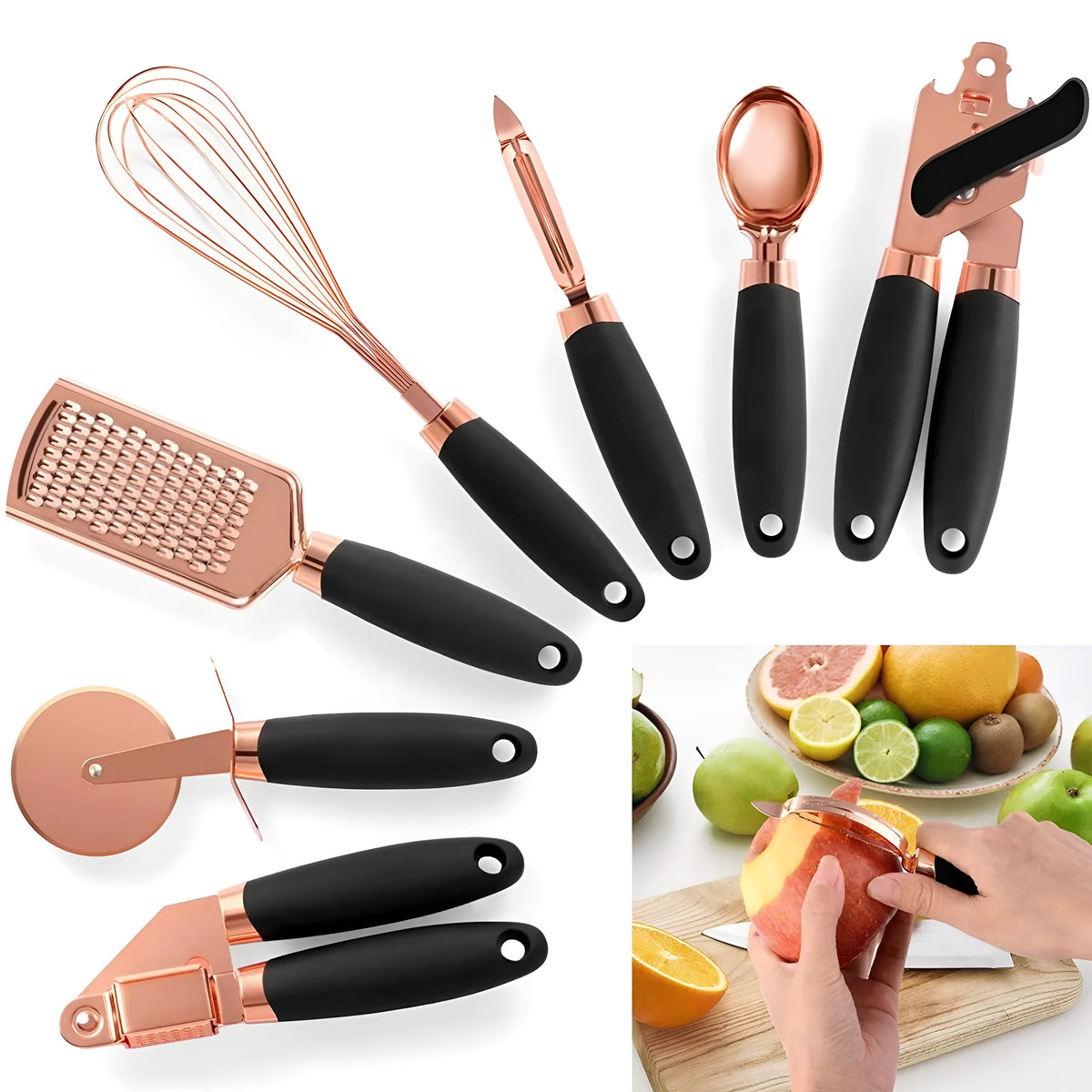 Stainless steel kitchen gadgets 7 piece set with bottle and can openers in a boxed black, white, grey, or dark blue set