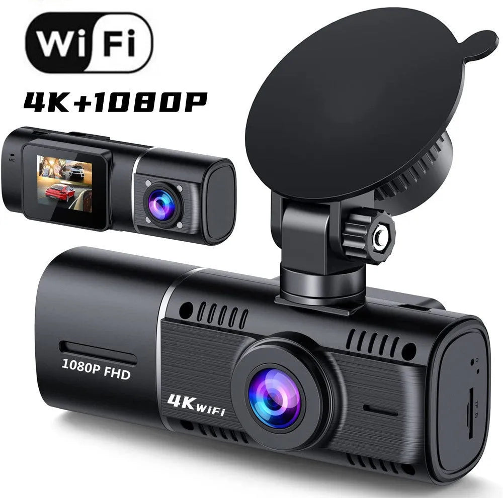 Standard black dual-channel dash camera with 1.5-inch screen on car windscreen.