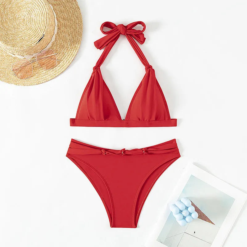 Red women's lace-up halterneck split bikini for swimming activities