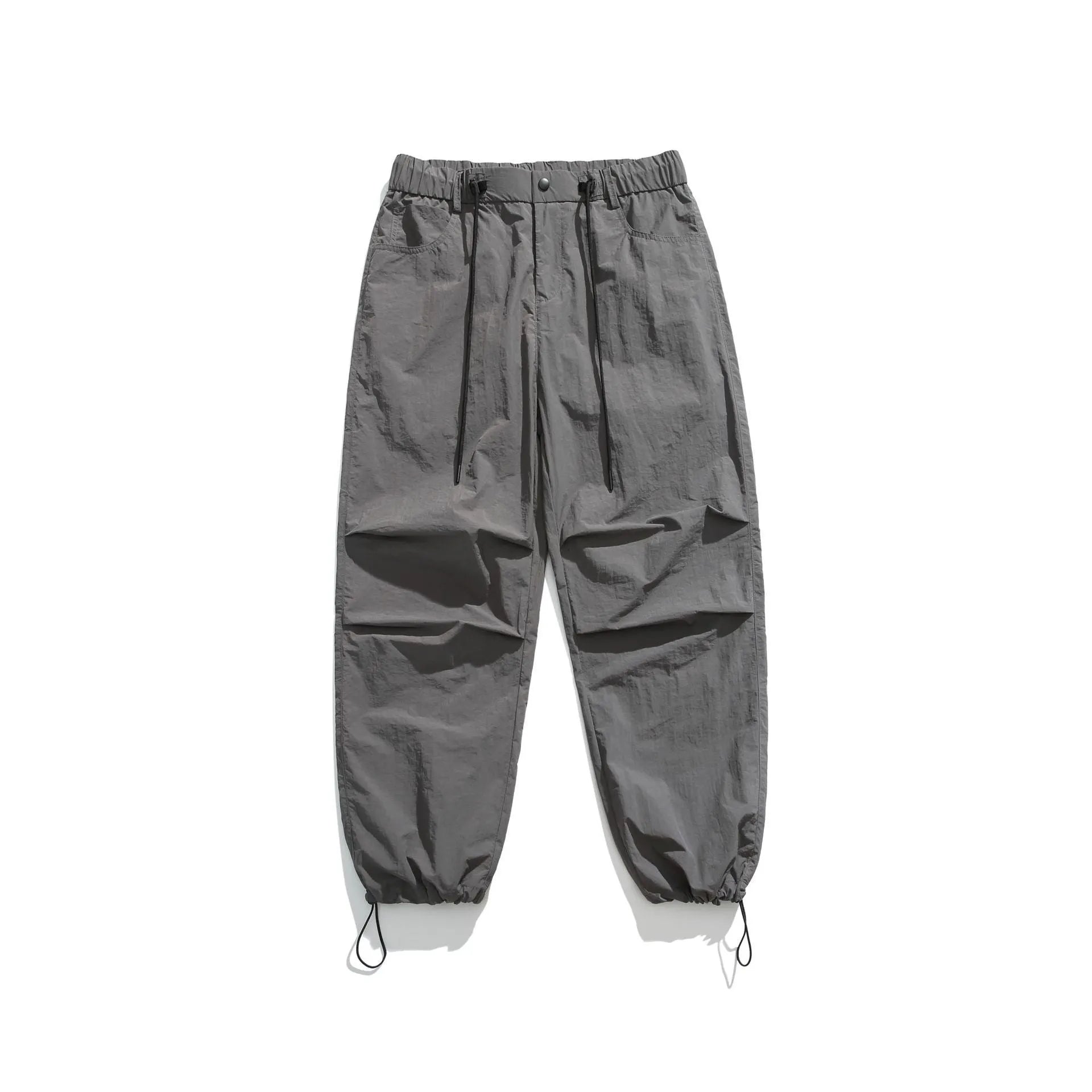 Men's straight-leg casual trousers in lightweight nylon fabric, shown in multiple colour options.
