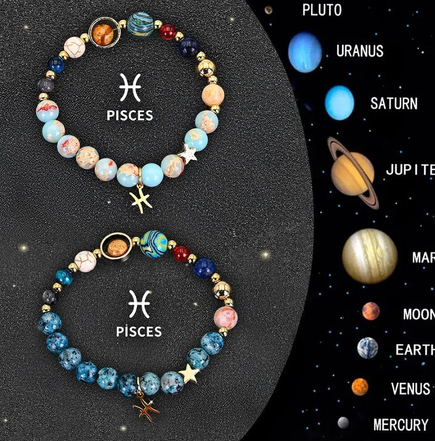 Set of two zodiac sign bracelets with natural stone beads on black stretch cords
