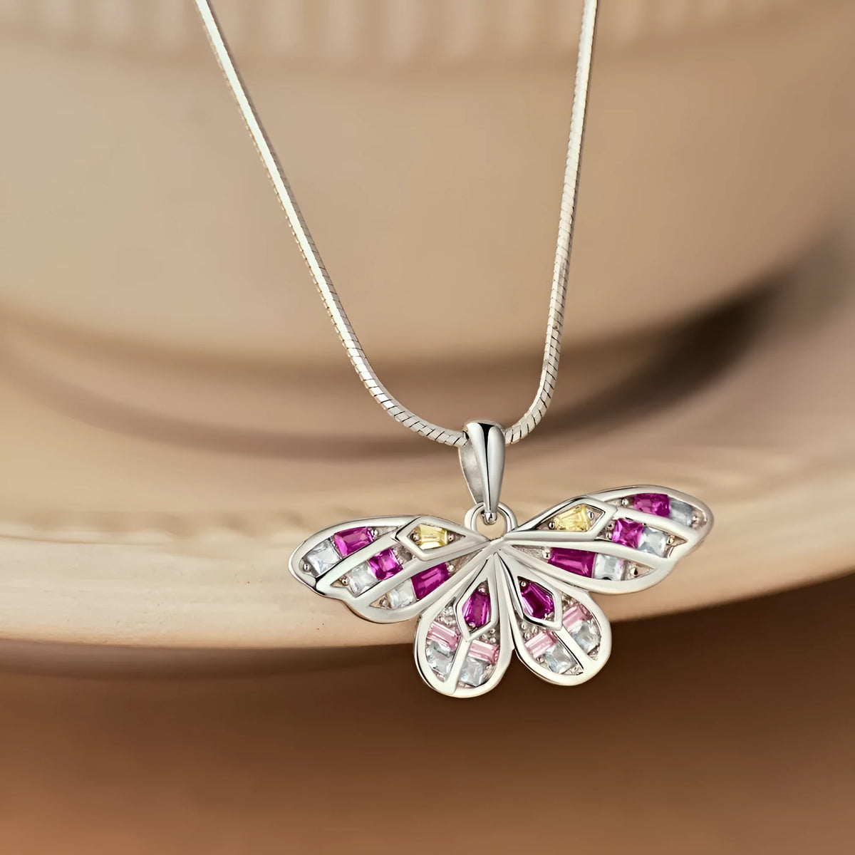 S925 sterling silver butterfly necklace with dopamine colour inlay on a snake bones chain, 41-50cm