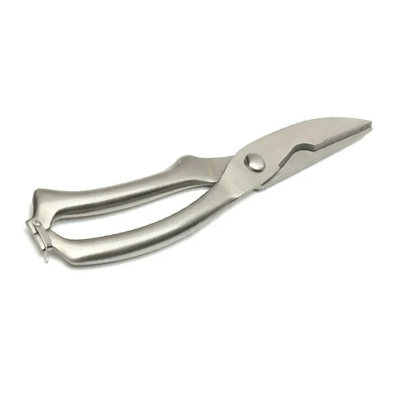 Silver whole stainless steel kitchen shears, 25cm x 4.5cm with 9cm blade, serrated edge and locking handle.