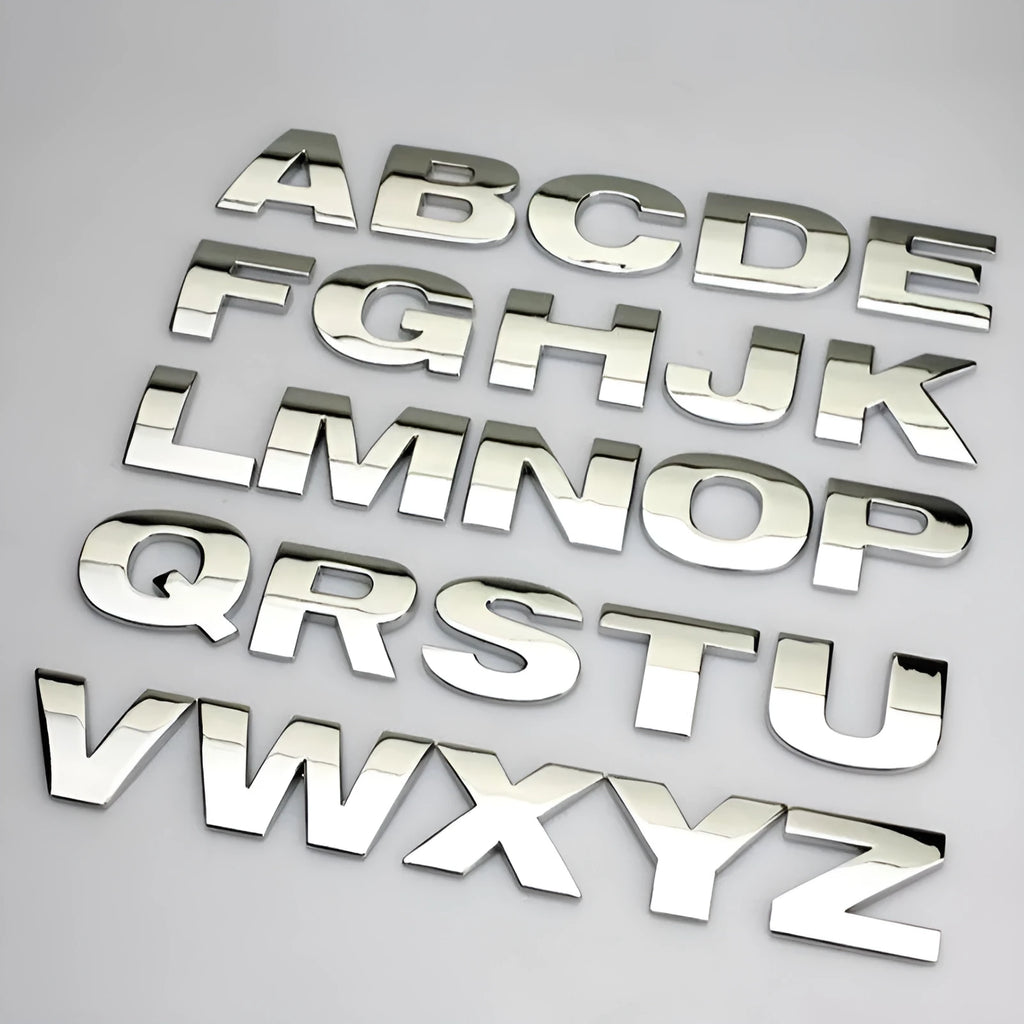 3D metal zinc alloy car bumper sticker letters in black and silver, showing raised 2.5cm design