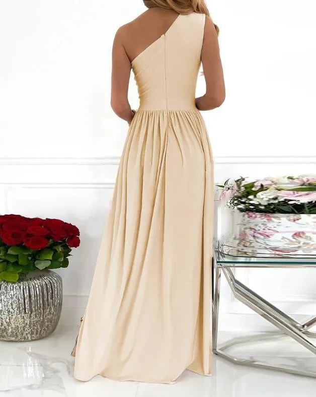 Women's apricot one shoulder maxi dress with cutout and high side split