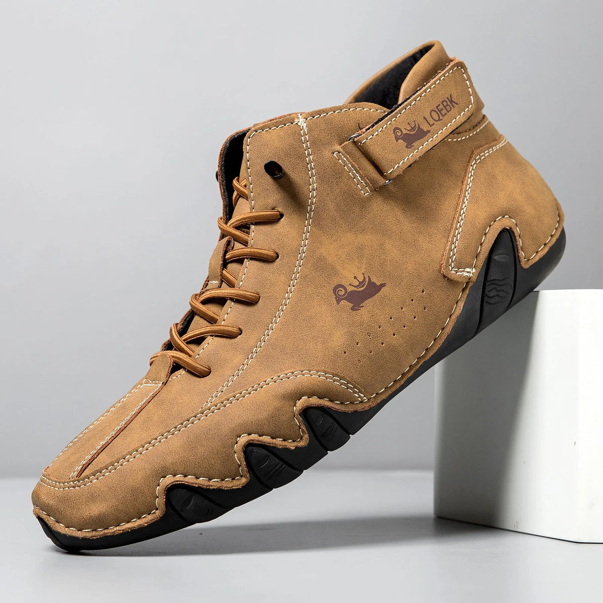 Men's brown high-top Octopus style Martin boots with flat rubber sole and microfiber upper