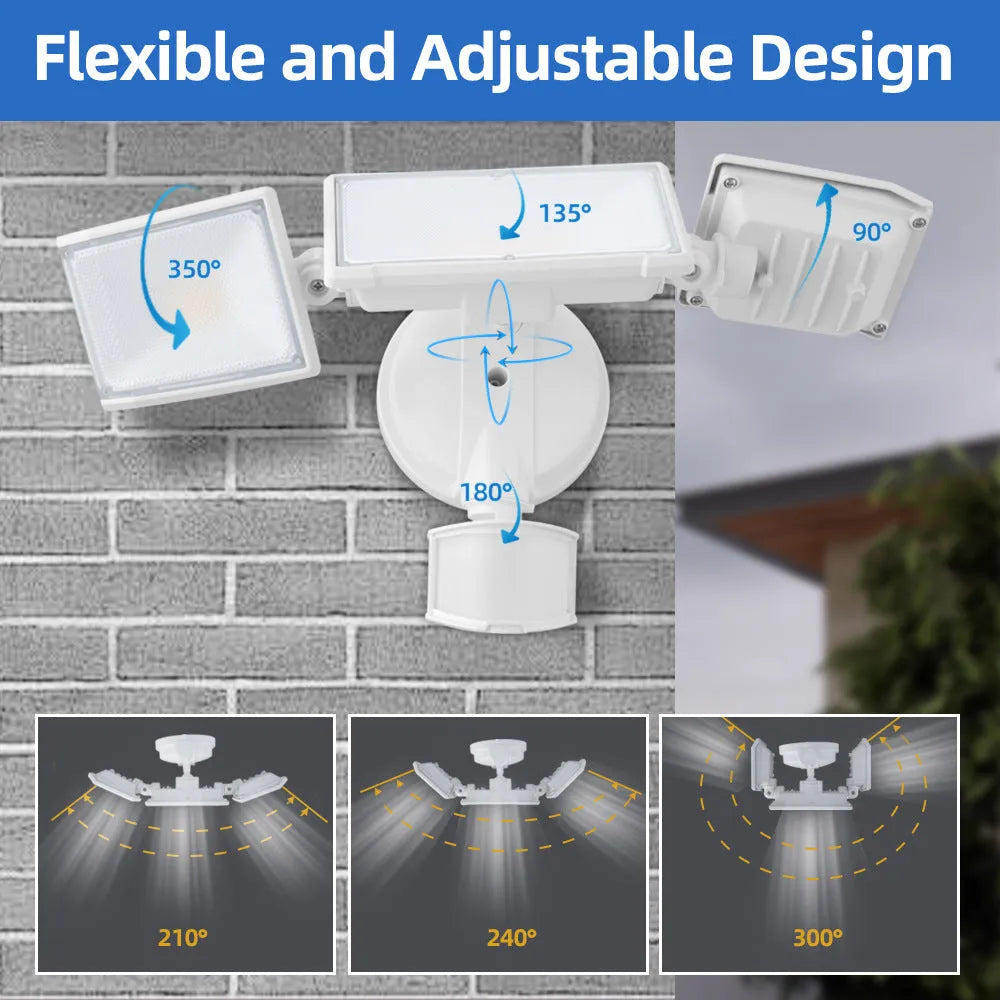 White or black LED security flood light with motion sensor for outdoor wall or ceiling mounting
