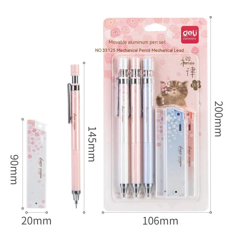 Cartoon design automatic pencil set with 0.5mm leads and three refill boxes in mixed colours