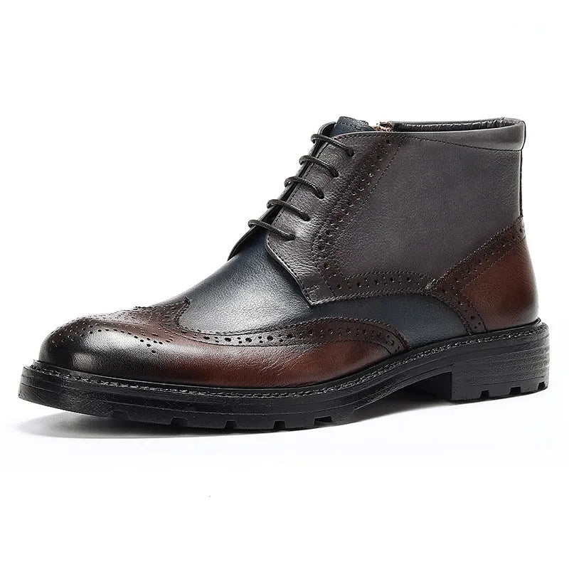 Men's coffee blue leather brogue boots with carved stitching and low square heel