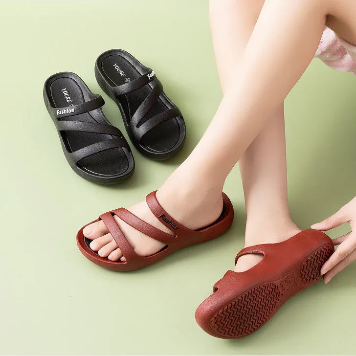 Casual non slip thick soled slippers in black, wine red and brown, PVC, round toe, sizes 36-40